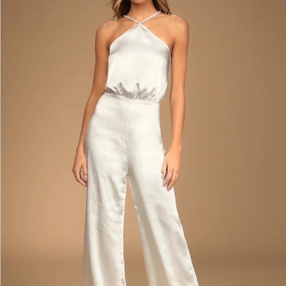 Dose of Romance Ivory Satin Halter Wide-Leg Jumpsuit
